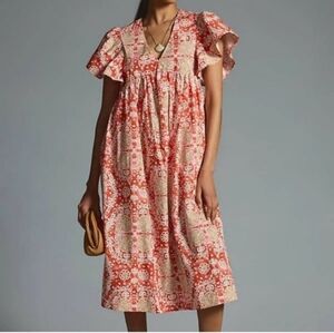 Maeve Anthropologie Printed Flutter Sleeve Midi Dress Babydoll Pink Off White S